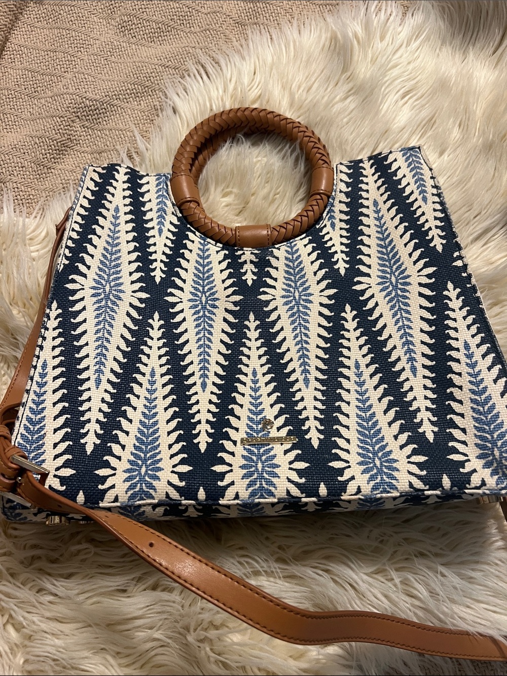 NEW Spartina Woven Navy & Cream Tote with Tan Leather Braided Handles